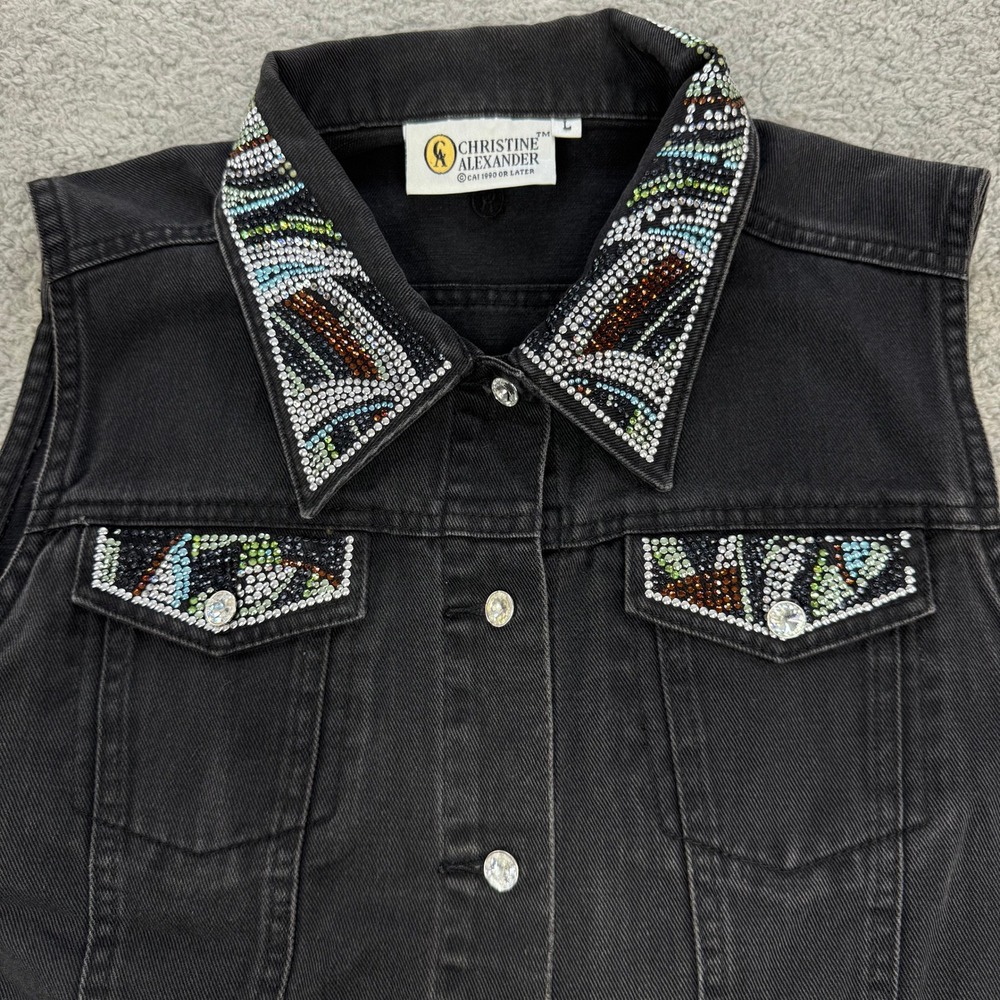 Christine Alexander Black Denim Vest Rhinestone Embellished Western Glam Large